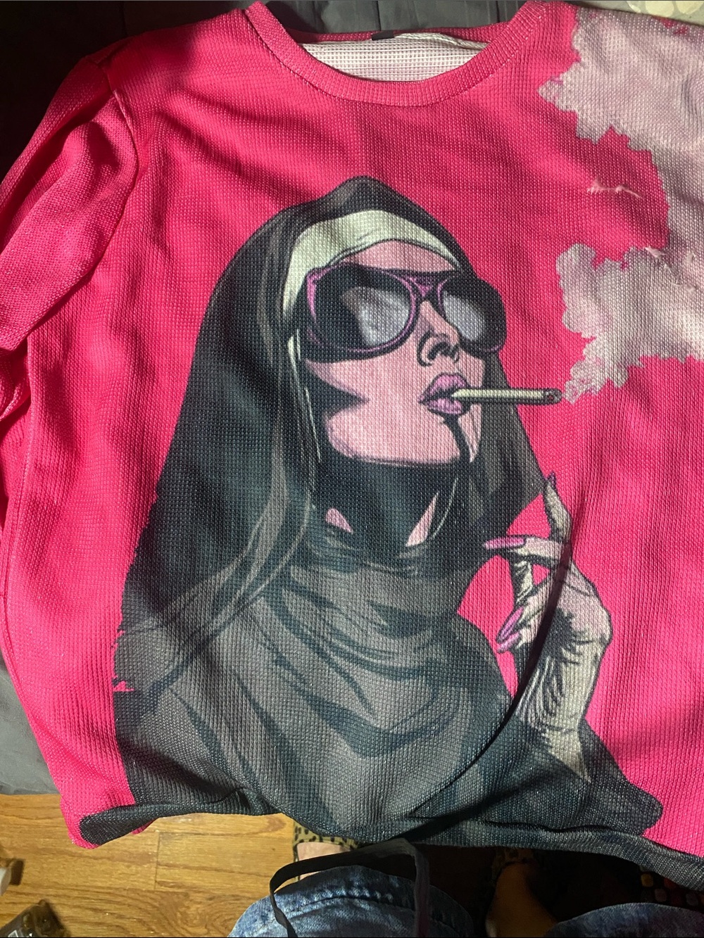 SHEIN Hot Pink Graphic Long Sleeve Tee with Black Nun Print